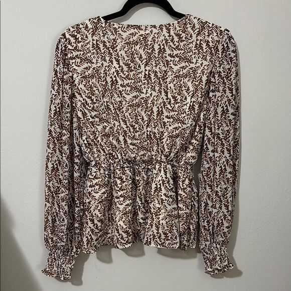 &Merci Elegant‎ Brown Leaf Print V-Neck Peplum Blouse Long Sleeve Romantic Top - Picture 5 of 8